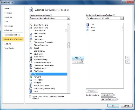 The final step: Add the Form icon to the Quick Access Toolbar.