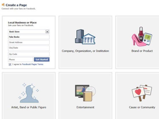 Facebook Page Business Types Selection