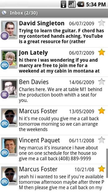 The voicemail inbox in Google Voice for Android.