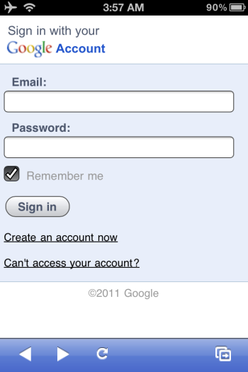 Signing in to Google Voice from the iPhone app.