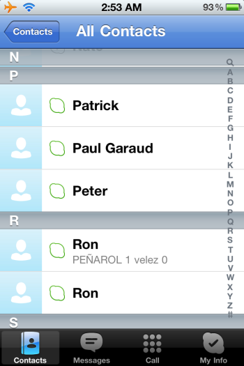 The Contacts screen in the Skype iPhone app.
