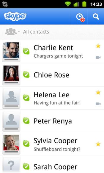 Browsing contacts in Skype for Android.