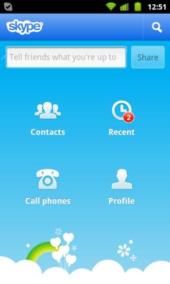 The main screen in the Skype for Android app.