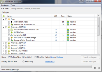 Selecting packages to install in the Android SDK Manager.