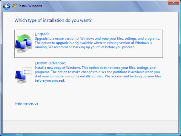 Choose Upgrade in the Windows 7 Installation Menu