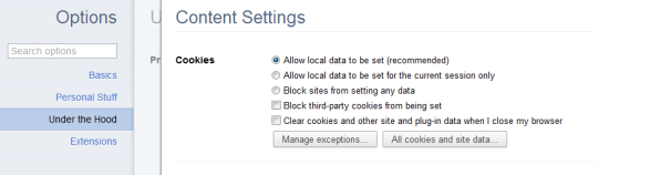 Google Chrome Content Settings menu Google Chrome Content Settings menu