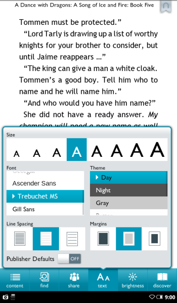 The Nook Tablet's reading options; click for full-size image.