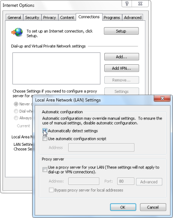 Checking the connection settings for Internet Explorer; click for full-size image.