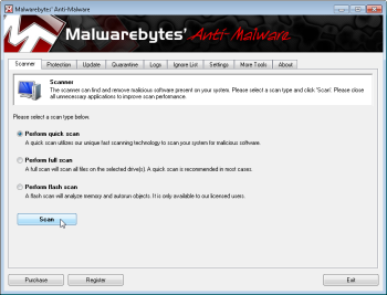 Starting the scan in Malwarebytes; click for full-size image.