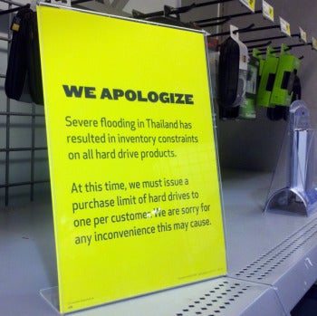 A sign at Best Buy in a Norwalk, Connecticut store apologizes for hard drive prices.  