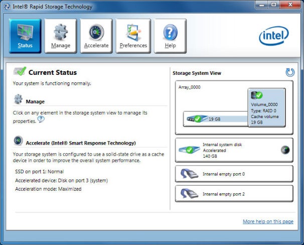 In a properly configured system, Intel’s Smart Response Technology can be enabled or disabled via the Intel Rapid Storage Technology control panel, which gets installed along with the storage controller’s drivers.