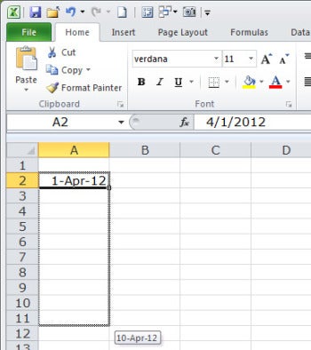 Seed a cell with the starting date, and Excel can fill a range with consecutive dates.
