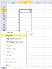 When entering consecutive numbers, you need to drag the fill handle with the right mouse button.