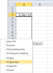 Use the Fill Weekdays feature to fill a range with dates minus the weekends.
