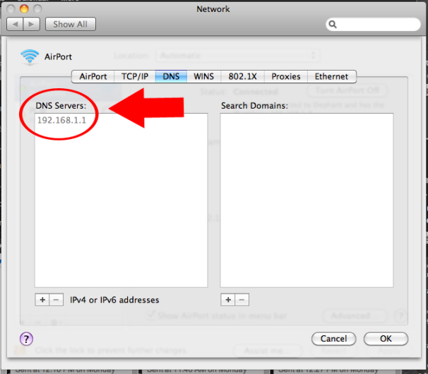The Advanced Network Settings menu's DNS tab; clcik for full-size image.