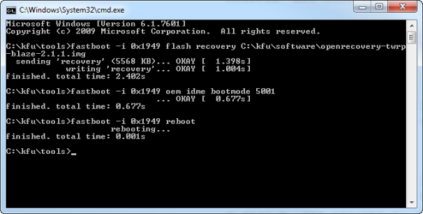 Command prompt window after installation of recovery image.