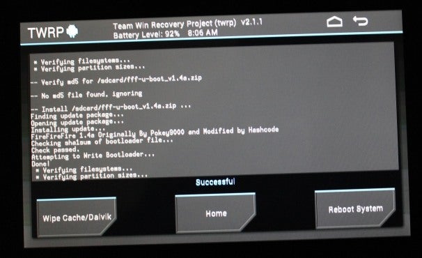 Custom bootloader success message.